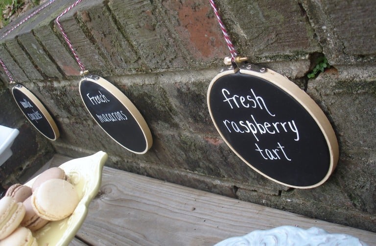 embroidery hoops on dessert bar